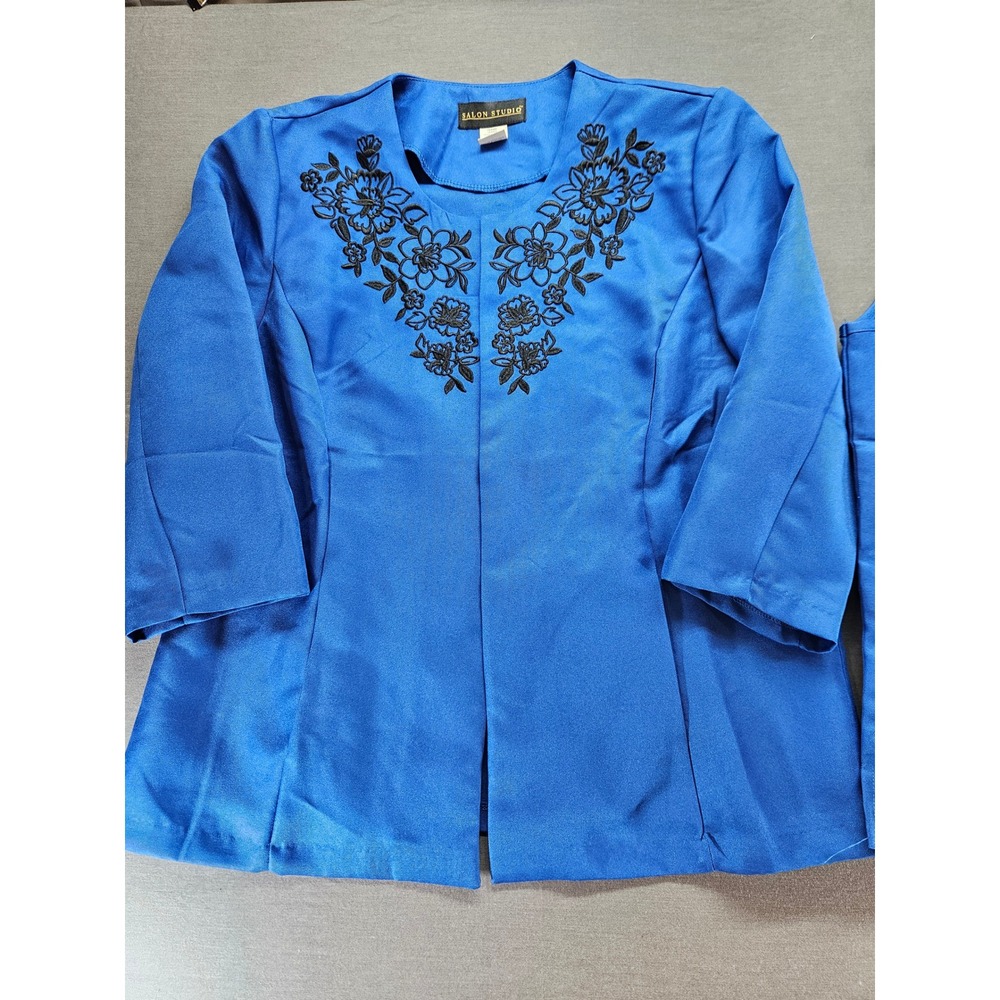 Salon Studio 3 Piece Pant Set Blue Black Floral Embroidered Jacket Tank Large